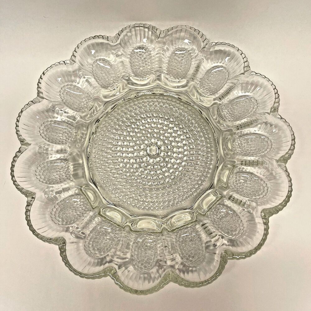 Indiana Glass Hobnail Clear 15 Well Deviled Egg Plate 11” Beaded Relish Tray-USA